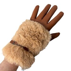 AUCLAIR New Arianna Cognac Tan Brown Leather Faux Fur Gloves Buckle Zipper
